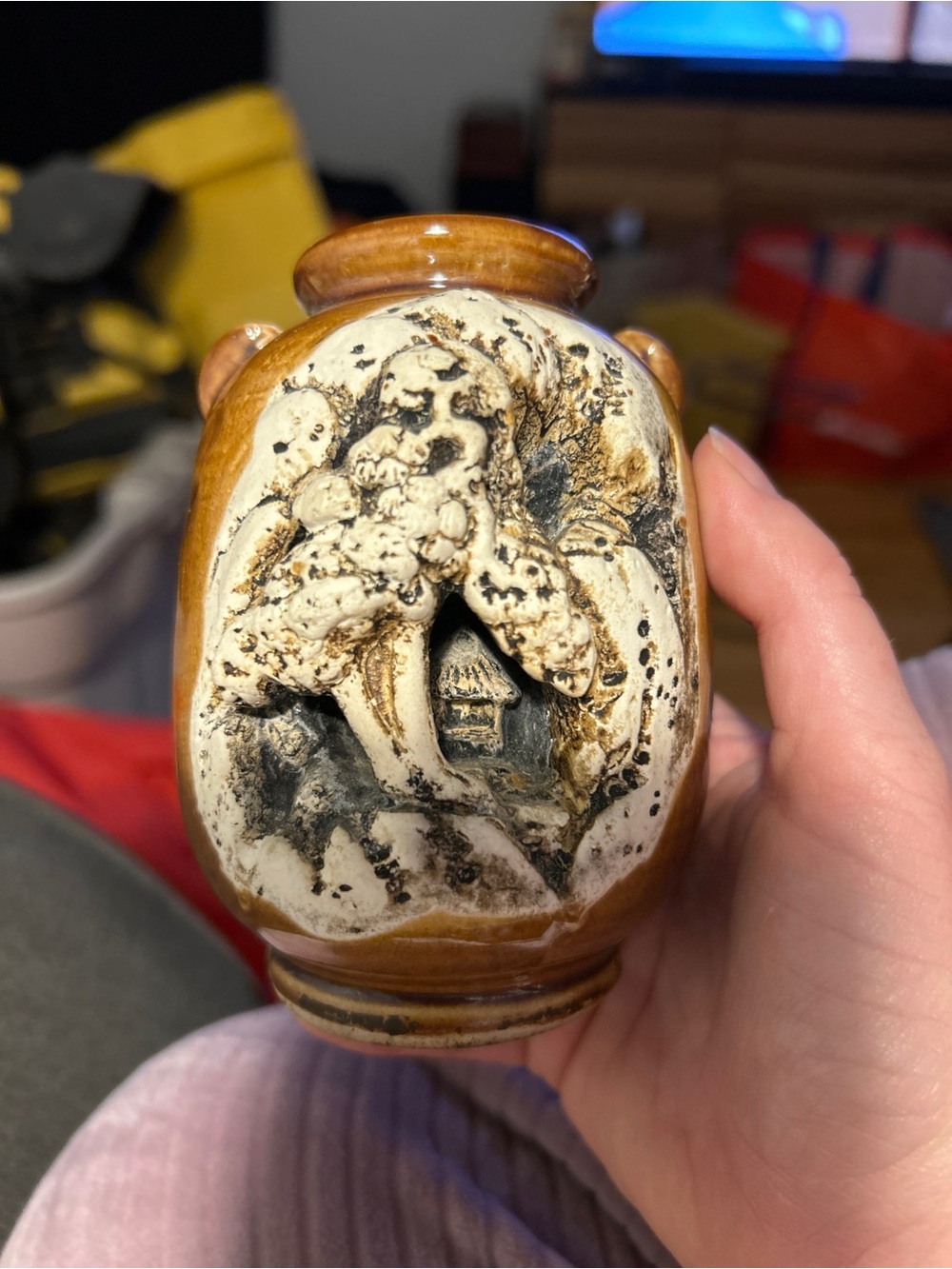 Japanese 3D Brown and Cream Ceramic Decorative Vase with Relief Scene